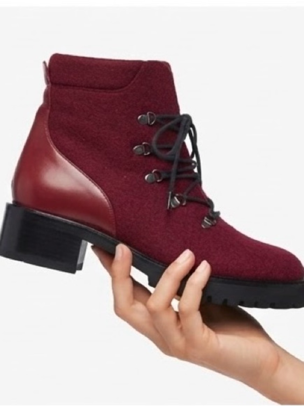 Stuart Weitzman Burgundy Felt & Leather Combat Lug Sole Ankle Boots